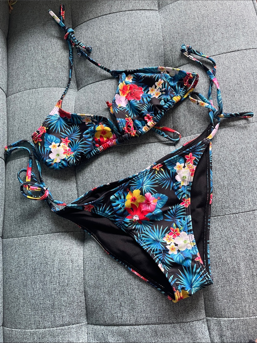 Liquid Black Tropical Floral Swimwear with Blue, Pink and Yellow Accents